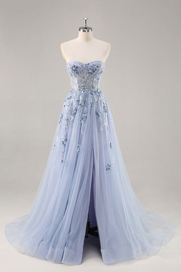Sparkly Blue A Line Sequined Tulle Corset Long Formal Dress with Slit